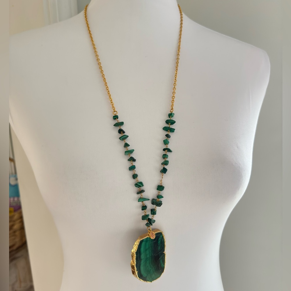 Green Malachite Slice Crystal Necklace, Gold Framed Malachite Pendant Necklace